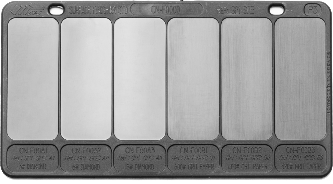 Injection molding texture board displaying multiple surface finishes for part design
