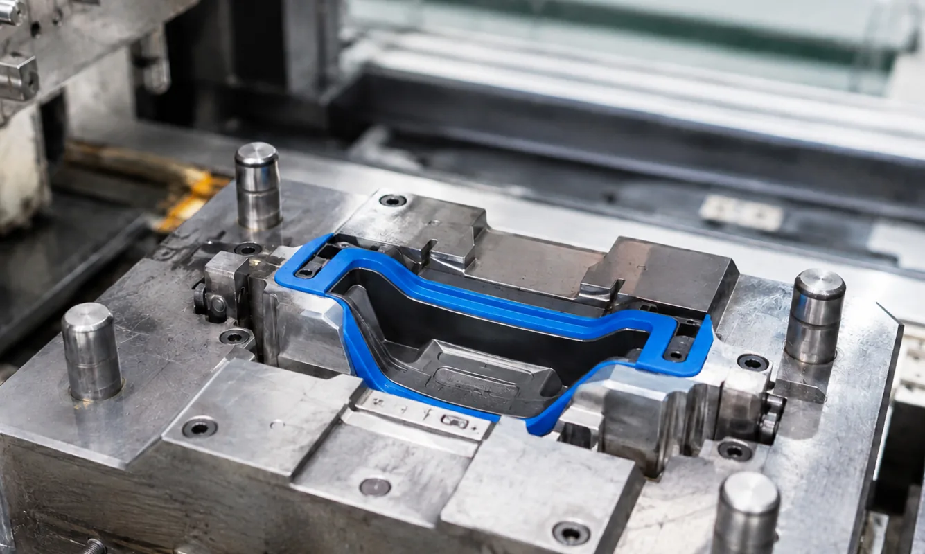 Overmolding process showing substrate molding and elastomer overmold injection